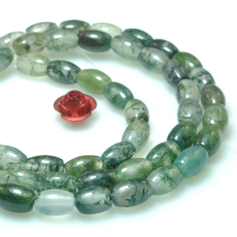 Natural moss agate green stone smooth rice drum beads loose gemstone wholesale for jewelry making bracelet necklace DIY