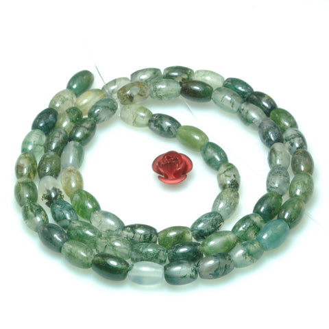 Natural moss agate green stone smooth rice drum beads loose gemstone wholesale for jewelry making bracelet necklace DIY