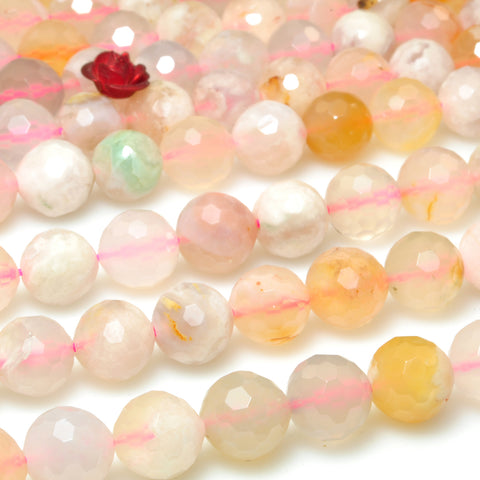 Natural cherry blossom agate faceted round loose beads wholesale pink gemstone jewelry making bracelet necklace diy