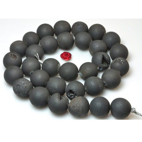 YesBeads Black Druzy Agate titanium coated agate matte round loose beads wholesale jewelry making 15"