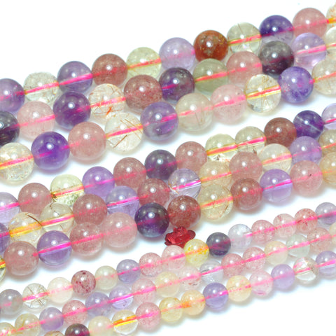 YesBeads Natural Rainbow Rutilated Quartz smooth round beads mix Amethyst Strawberry Quartz gemstone wholesale 15"