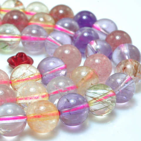 YesBeads Natural Rainbow Rutilated Quartz smooth round beads mix Amethyst Strawberry Quartz gemstone wholesale 15"