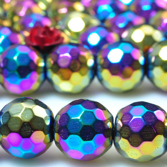 YesBeads Rainbow Hematite titanium coated faceted round beads gemstone wholesale 15"