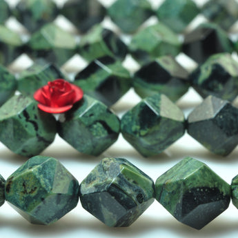 YesBeads natural dark green Kambaba jasper  faceted star cut nugget beads wholesale gemstone 15''