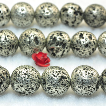 YesBeads  Silver Lava stone antique silver plated matte round lava beads gemstone 10mm 15"