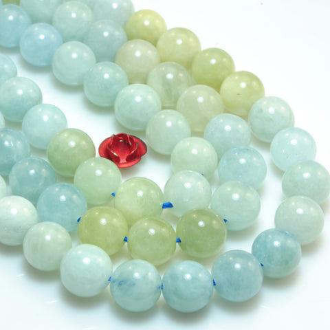 YesBeads Natural Aquamarine gemstone smooth round beads wholesale jewelry supplies 15"