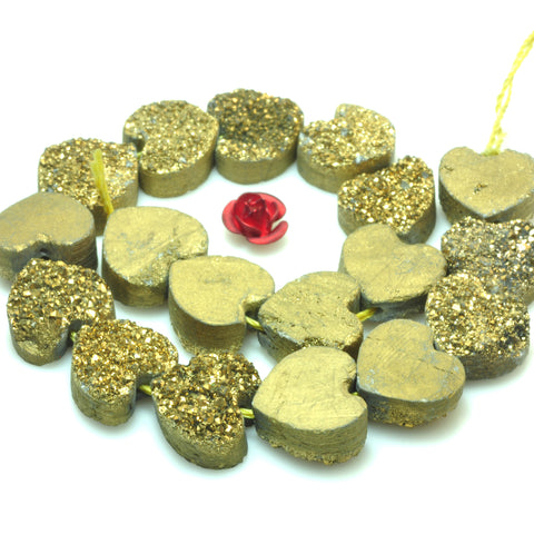 YesBeads Druzy Quartz titanium gold rough flat back heart beads gemstone jewelry 7"