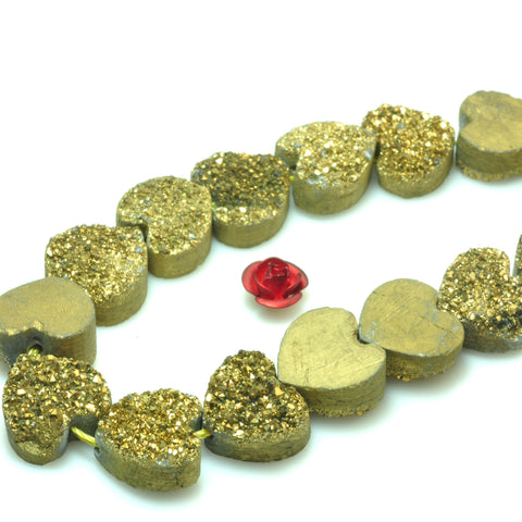 YesBeads Druzy Quartz titanium gold rough flat back heart beads gemstone jewelry 7"