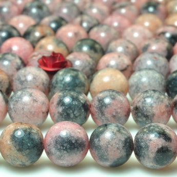 YesBeads Black Pink Rhodonite smooth round beads gemstone wholesale jewelry making supplies 15"