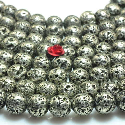 YesBeads Antique silver plated  Lava stone matte round loose beads 8mm 15"