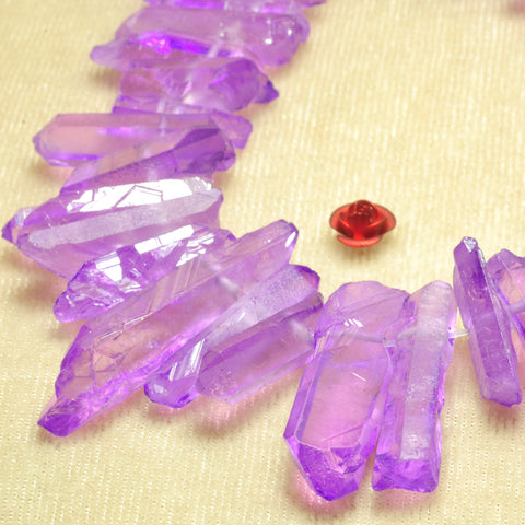 Quartz crystal points titanium coated purple rough gemstone matte spike stick beads 15"