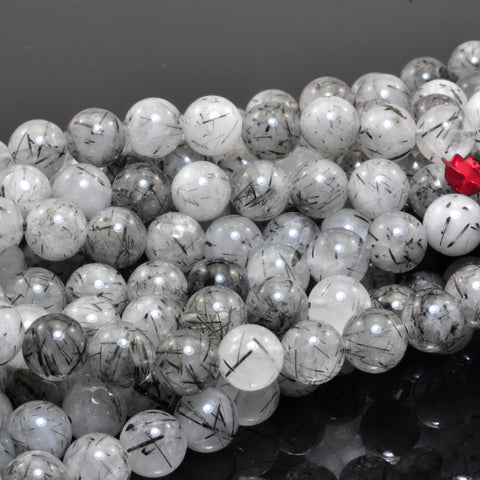 YesBeads Natural Black Rutilated Quartz smooth round loose beads wholesale jewelry 4mm-10mm 15"