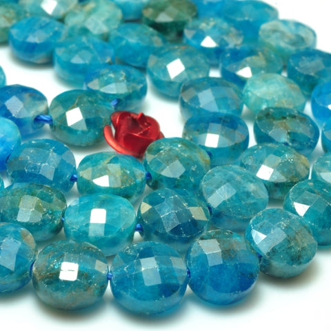 YesBeads natural blue Apatite A grade faceted coin loose beads gemstone 8mm 15"