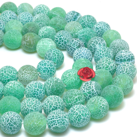 YesBeads Green Fire Agate matte round loose beads crackle agate wholesale gemstone jewelry making 15''