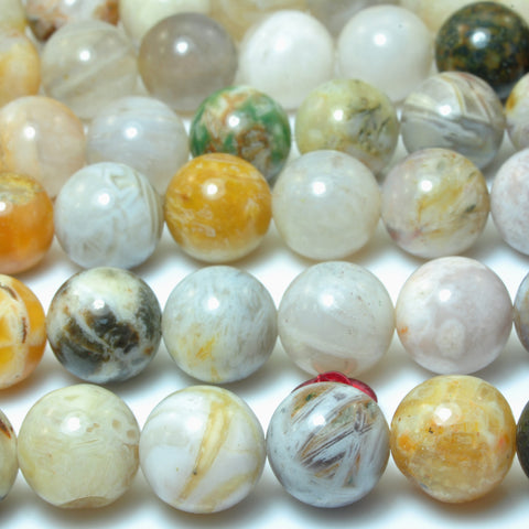 YesBeads Natural Bamboo Leaf Agate smooth round loose beads wholesale gemstone jewelry 15"