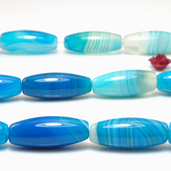 YesBeads Blue Banded Agate smooth rice beads wholesale gemstone jewelry 8x20mm 15"