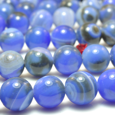 YesBeads Blue Banded Agate smooth round loose beads wholesale gemstone jewelry making 15"