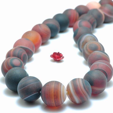 YesBeads Banded Agate matte round loose beads wholesale black red gemstone jewelry making 6mm-12mm 15"