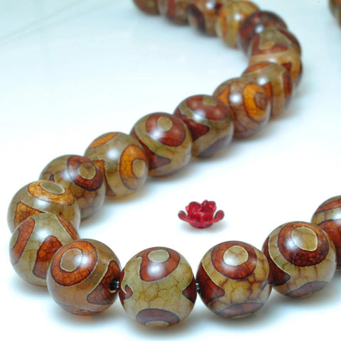 32 pcs of Brown Retro Tibetan Agate three-eyes smooth round beads in 12mm